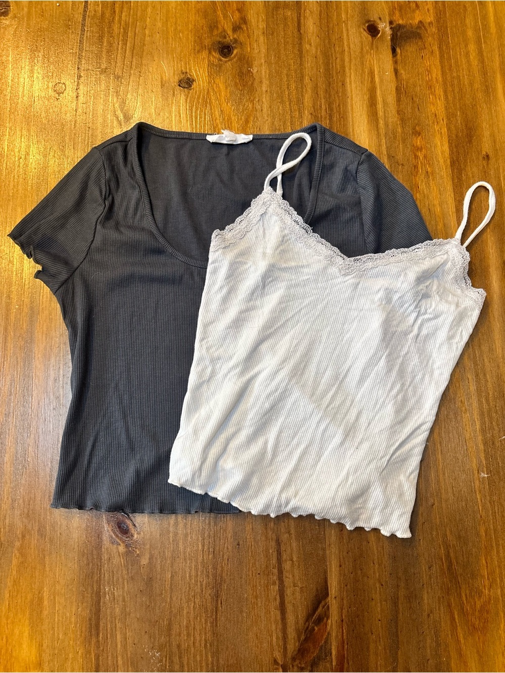 Layered Gray Scoop Tee with White Lace-Trim Cami